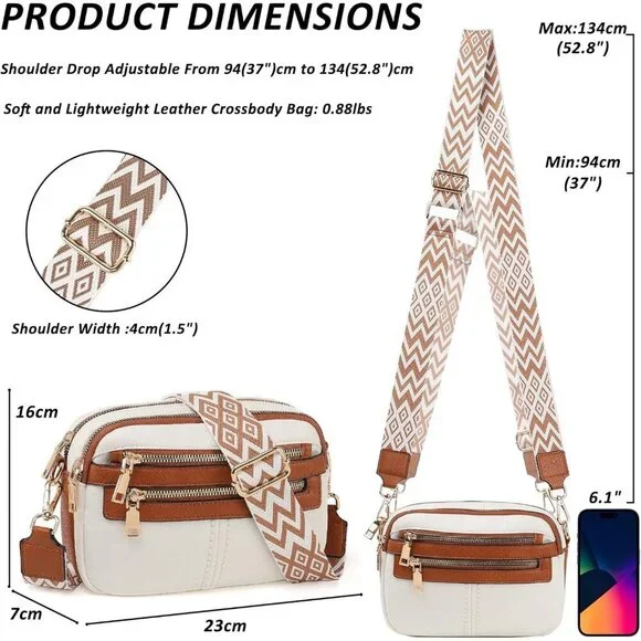 6-Pocket Crossbody Bags for Women, Vegan Leather Shoulder Handbags White Travel - Picture 2 of 7